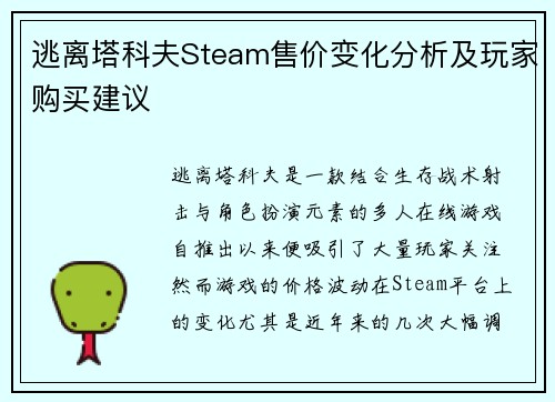 逃离塔科夫Steam售价变化分析及玩家购买建议