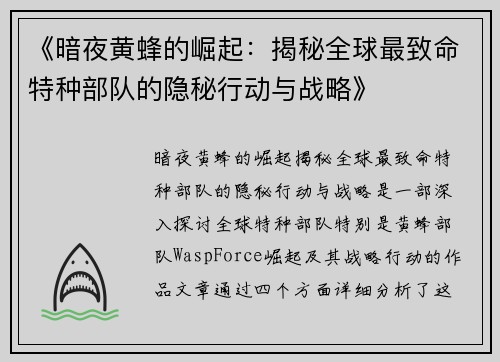 《暗夜黄蜂的崛起：揭秘全球最致命特种部队的隐秘行动与战略》